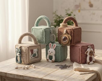 Montessori Sensory Cube Crochet Pattern PDF – Baby Activity Toy with Rattle, Mirror & Teether – Amigurumi Velvet Plush Block – 3 Sizes