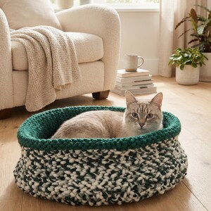 Peut inclure: Un chat gris est allongé dans un panier pour chat fait à la main. Le panier rond a un bord vert et un motif moucheté blanc et vert foncé. Le panier est posé sur un parquet, près d'un fauteuil crème.