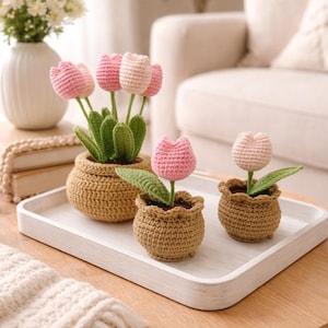 Peut inclure: Des tulipes crochetées dans de petits pots bruns sont posées sur un plateau blanc. Les tulipes sont roses et blanc cassé, avec des feuilles vertes. Les pots sont en matériau tissé beige. Un plus grand bouquet est également présent.