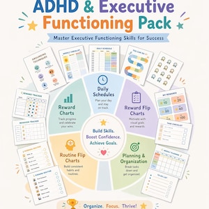 ADHD Executive Functioning Pack Printable,Kids Visual Schedule,Reward Chart Bundle, Routine Flip Charts, Behavior Tools,Planner for Children