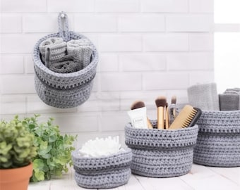 Crochet Hanging Basket Pattern PDF, Small Wall Storage Basket, Bathroom Organizer Crochet Pattern, Modern Home Decor, Instant Download