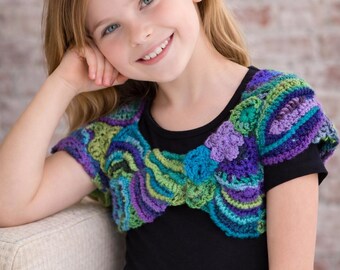 Red Heart Soft Crochet Cropped Topper Pattern – Colorful Mesh Motif Capelet (Sizes S–2X)