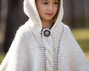 LOLO Poncho Knitting Pattern PDF – Baby Girl Hooded Poncho 9-18 Months – Cable & Seed Stitch Winter Cape – Toddler Button Poncho
