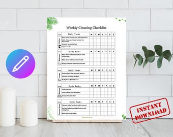 Lista de verificación de limpieza editable (semanal, mensual y habitación por habitación) en PDF imprimible.