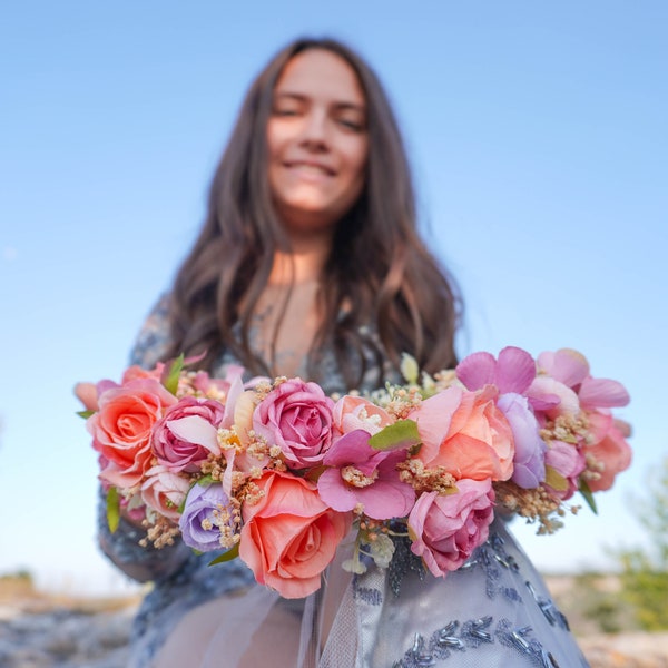 Colorful Roses and Dried Flower Hair Wreath,Wedding Flowers,Floral Hair Accessories,Pink and Purple Hair Crown,Handmade Crown,Girl flowers