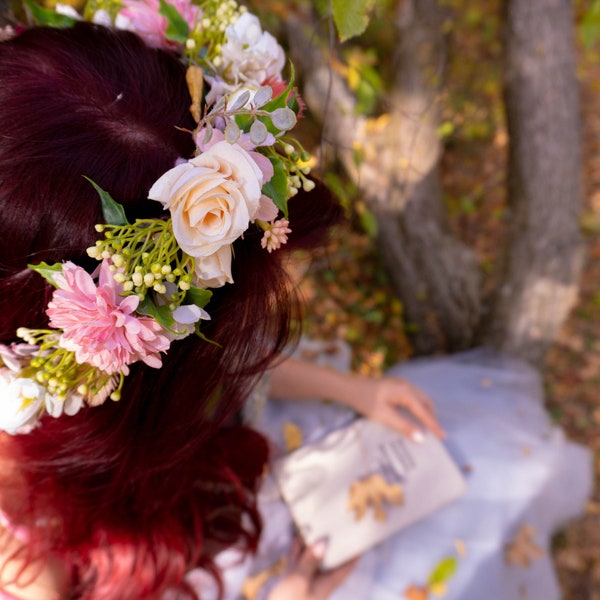 Rosen und rosa Blumen Hochzeit Haarkranz, Braut Haarkrone, Hochzeitshaarspange, Hochzeit 2024, Brautjungfer Haarkrone, Foto Requisiten, Haarblumen Kranz