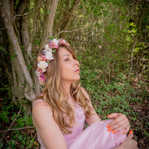 Kleurrijke haarkroon, vakantierozen en lavendelkroon, bruidskroon. Zwangerschapsfotoshoot, bloemenkroon voor foto rekwisieten, bruiloft haarornament