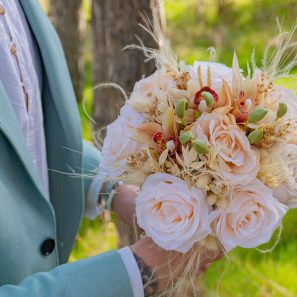 Bouquet beige artificiel de luxe, roses ivoire et orchidées, bouquet de mariée, bouquet de mariée bohème rustique, fleurs de demoiselle d'honneur, couronne de fleurs