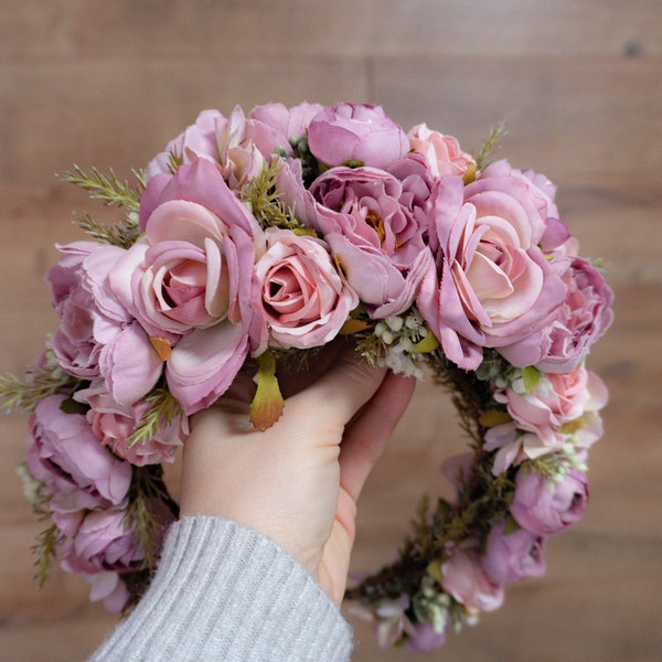 Fascia per capelli da sposa, rose rosa, ghirlande di fiori artificiali, fiori per capelli da sposa pastello, accessori da sposa, accessori fotografici, fiori da damigella d'onore