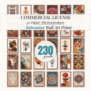 Puede incluir: Una colección de 230 impresiones de arte mural bohemio en marcos de madera. Las impresiones presentan diseños abstractos en colores cálidos como naranja, marrón y verde azulado. El texto "COMMERCIAL LICENSE" y "Bohemian Wall Art Prints" es visible.