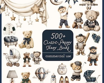 500+ Preppy Teddy Bear Clipart Bundle | Tartan Blue + Warm Beige | Posh Nursery PNG Commercial Use | Vintage Old Money Baby Shower