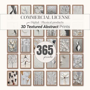 Może przedstawiać: Kolekcja 36 oprawionych wydruków abstrakcyjnych 3D o fakturze. Wydruki przedstawiają neutralne kolory, w tym biały, szary i beżowy, z różnymi wzorami kwiatowymi i geometrycznymi. Wyświetlany jest tekst "COMMERCIAL LICENSE" i "3D Textured Abstract Prints".