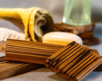 Jabonera de teca hecha a mano - Accesorio de baño ecológico - Jabonera de madera natural - Resistente a la humedad - Decoración sostenible para el hogar