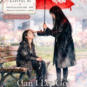 Pode incluir: Uma ilustração digital com duas pessoas na chuva. Uma está sentada num banco de madeira enquanto a outra segura um guarda-chuva vermelho. O texto diz KAPITEL 01, DIGITALAUSGABE PDF, DEUTSCHE AUSGABE e Can I Let Go? por haralubia.