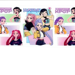 May include: Illustration featuring several anime-style female characters. The artwork includes the text "DEMON HUNTERS KPOP" and "HUNTRIX". The characters are depicted in various poses and outfits, with a vibrant color palette including yellow, pink, and blue.