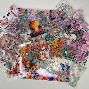 Random Wrap, UV DTF 16oz Cup Wrap, Ready To Apply Full Color Transfers, Waterproof, Ready To Ship,  Libbey Glass Can
