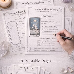 May include: Printable tarot reflection pages with the text "A simple daily ritual for clarity & guidance." The pages include illustrations of tarot cards, prompts, and space for journaling. A lit candle and crystals are also visible.