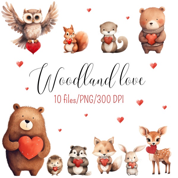Woodland Animals, Watercolor Woodland Animals PNG, Watercolor Valentines Woodland, Nursery Clipart, Woodland Babies, Love Clipart, Love PNG