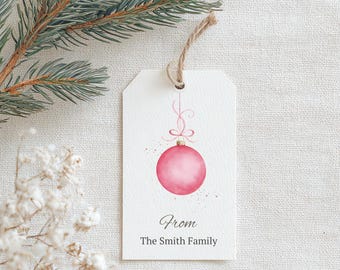 Pink Christmas Gift Tag, Minimalist Watercolor Holiday Tag (Digital Download)
