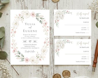 Blush Pink and Greenery Floral Wedding Invitation Suite, Editable Canva Template, Digital Download 05