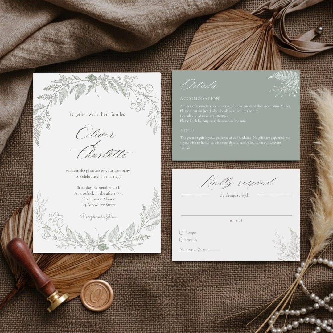 Sage Green Wedding Invitation Suite, Minimalist Botanical Wedding ...