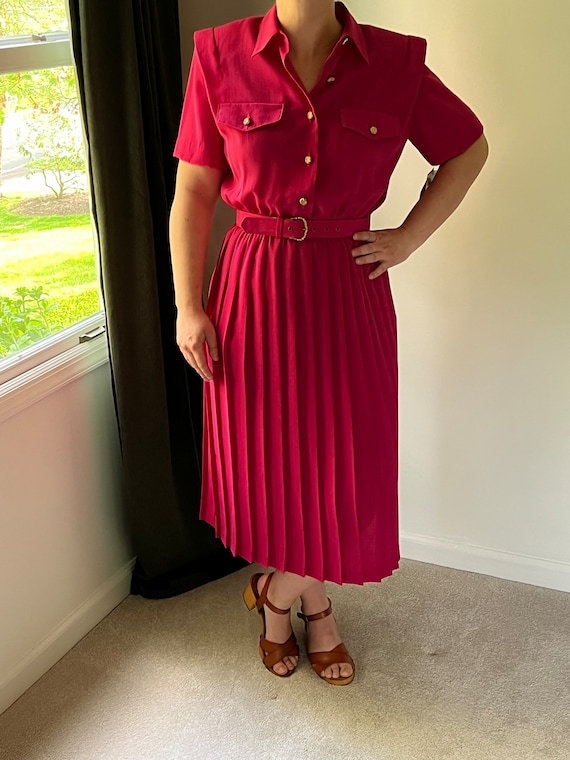 Bright Pink + 80s vintage belted dress + pleated d