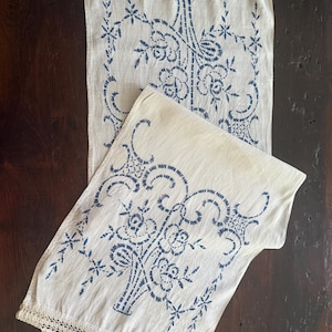 Linen Blue Floral embroidered table runner