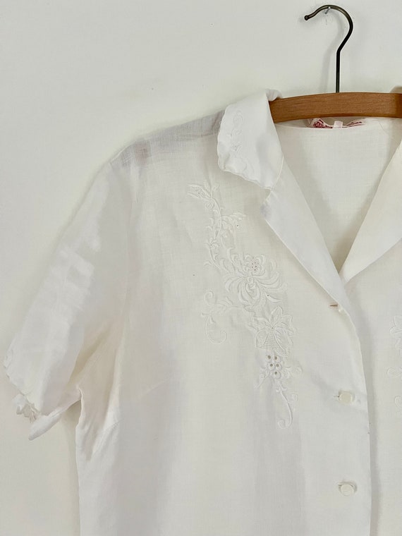 White 100% Linen Embroidered Button Up Blouse