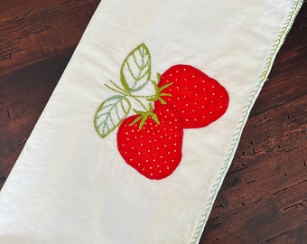 Hand embroidered vintage strawberries tea towel linen