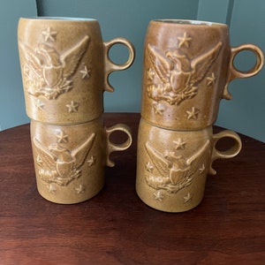 Vintage Chatham Stoneware Pottery Mugs Set of 4 + Mustard color + Bicentennial