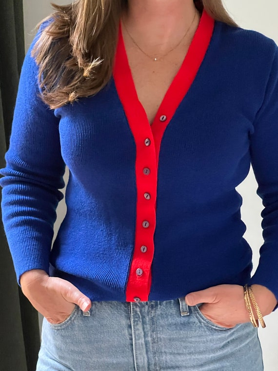 Vintage + Retro + Mod Blue and Red Preppy Cardigan