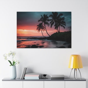 Tropical island sunset canvas art beach palm trees Hawaii
