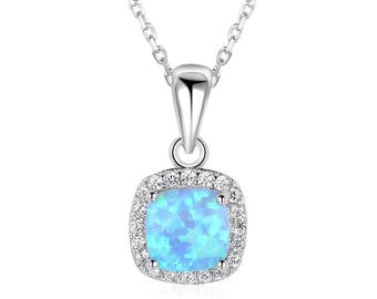 Blue Opal Pendant Necklace, Sterling Silver Blue Opal Necklace, Gemstone Jewelry for Her