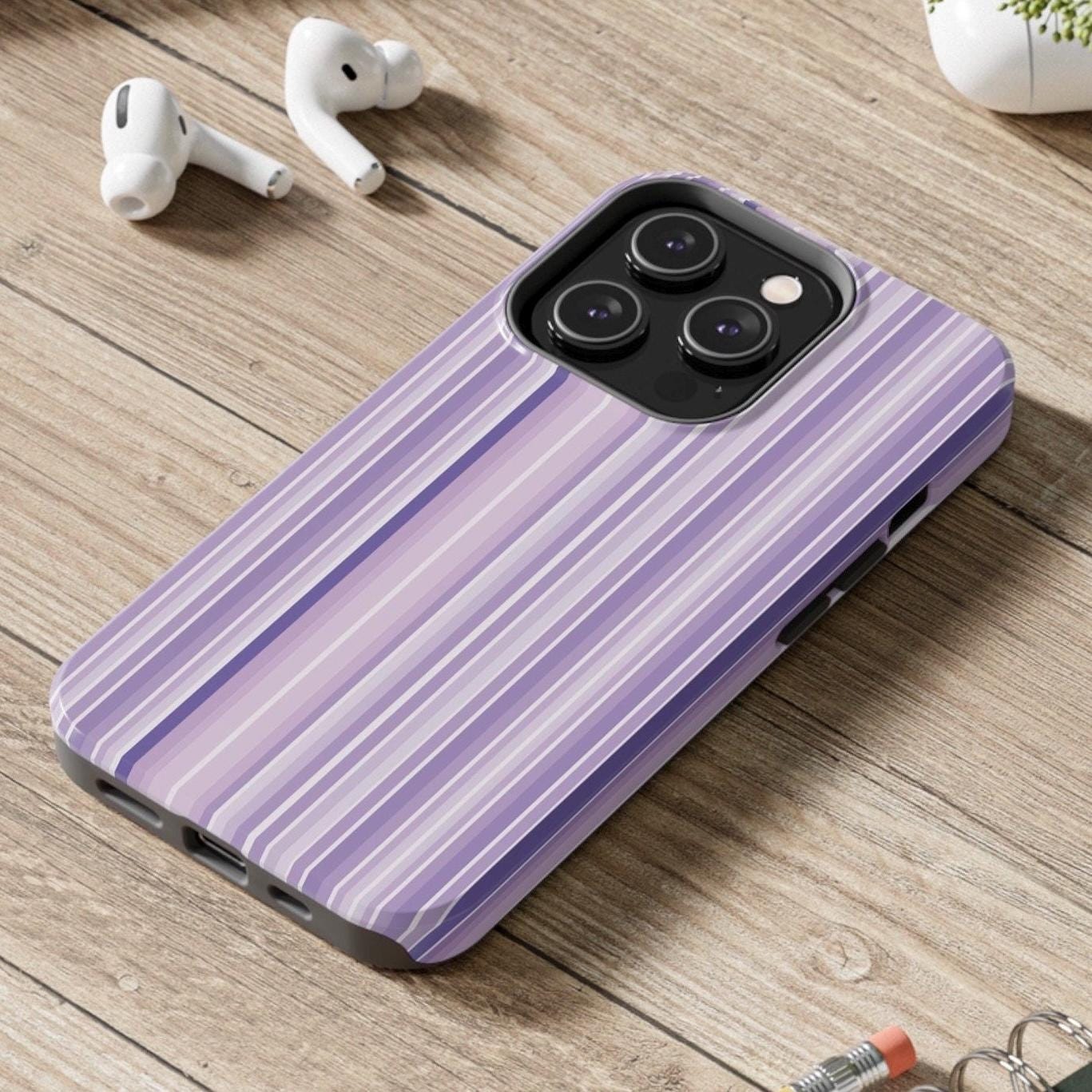 ラベンダーカラーのiPhone用スマホケース、パープルストライプのiPhone