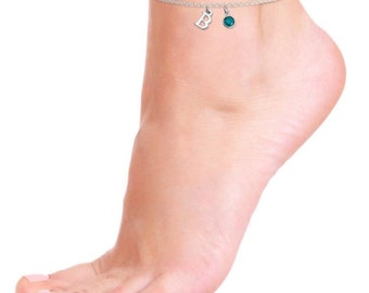Birthstone Anklet, Custom Initial Ankle Bracelet For Women, Rose Gold Personalized Custom Foot Jewelry, Sterling Silver Tiny Initial Anklet