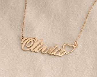 Custom Personalized Name/ Word Necklace With Heart, Sterling Silver, 24K Gold and Rose Gold Plating, Valentines Anniversary Jewelry Gift For