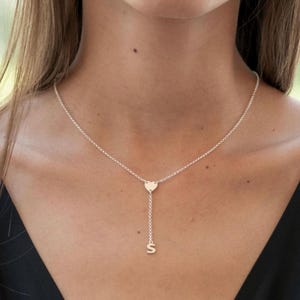 Personalized Heart Necklace, Gold Personalized Minimalist Initial Heart Lariat Necklace, Gift for Her, Heart Drop Initial Necklace, Jewelry