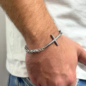 Stainless Steel Mens Cross Bracelet, Mens Jewelry, Anniversary Birthday Gift For Him Dad Husband Son, Mens Christian Bracelet, Baptism Gift