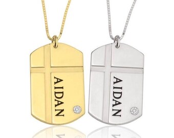 Dog Tag Kreuz Halskette für Jungen, Jungen Kreuz Halskette, Kommunion Geschenk für Jungen, personalisiertes Geschenk für die Konfirmation, 925 Sterling Silber