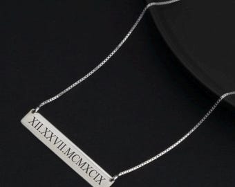 Roman Numerals Necklace, Sterling Silver Bar Necklace, Custom Engraved Necklace, Wedding Date Necklace, Personalized Jewelry Gift for Her