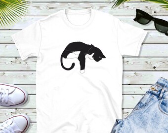 Black and White Cat Unisex Tshirt, Christmas Gift Pet Kitten Funny Sad Lover Owner Person Paw Fat Tiny Cute Sleepy Relaxing Lazy, Tee Shirt