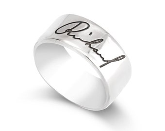 Wide Handwriting Band in Sterling Silver, Memorial Custom Signature Men Ring, Engraved Silver Wedding Band, Personalized Handwriting Gift
