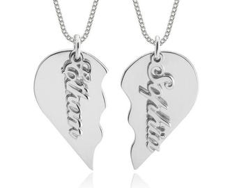 Sterling Silver Split Heart Necklace Set, Best Friend Necklaces, Personalized Silver Broken Heart