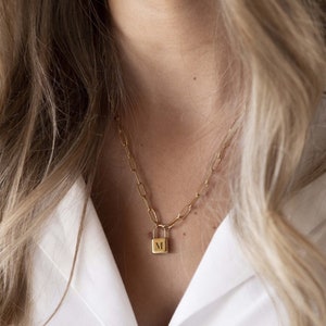 Padlock Initial Necklace with Paperclip Chain, Paperclip Chain with Small Lock Pendant, Gift for Her, Engraved Jewelry, Men and Womens