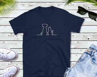 Dog and Cat Friends Outline Unisex Tshirt, Cute Puppy Kitten Silhouette Pic Tee Shirt, Best Birthday Christmas Gift For Him Her, Pet Person