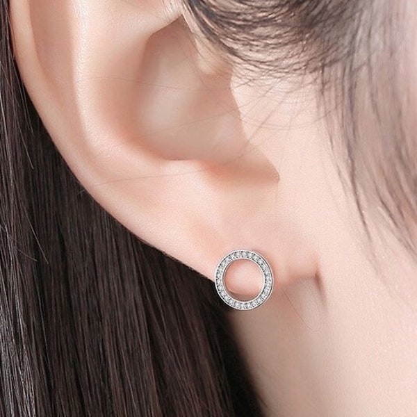 925 Sterling Silver Cubic Zirconia Circle of Life, Friction Push Back For Children Girls Women, Loop Earrings For Women, Round Stud Earrings