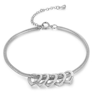 Personalized Heart Charm Bracelet With Engraved Names or Dates, Sterling Silver, Gold/Rose Plated, Stainless Steel, Christmas Gift Mom Wife