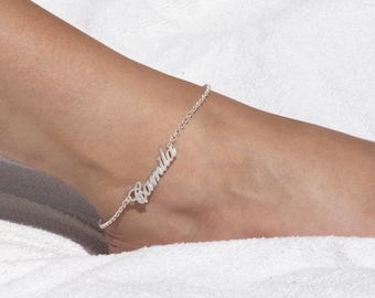 Bracelet de cheville personnalisé avec prénom, argent et or pour femme, Bijoux de pied personnalisés en or rose, Taille réglable, Cadeau pour elle