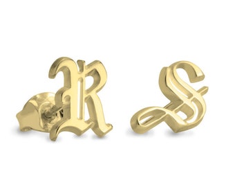 Pendientes personalizados con iniciales, Letras en inglés antiguo, Pendientes con iniciales en plata de ley, Regalos de joyería personalizados, Letras góticas