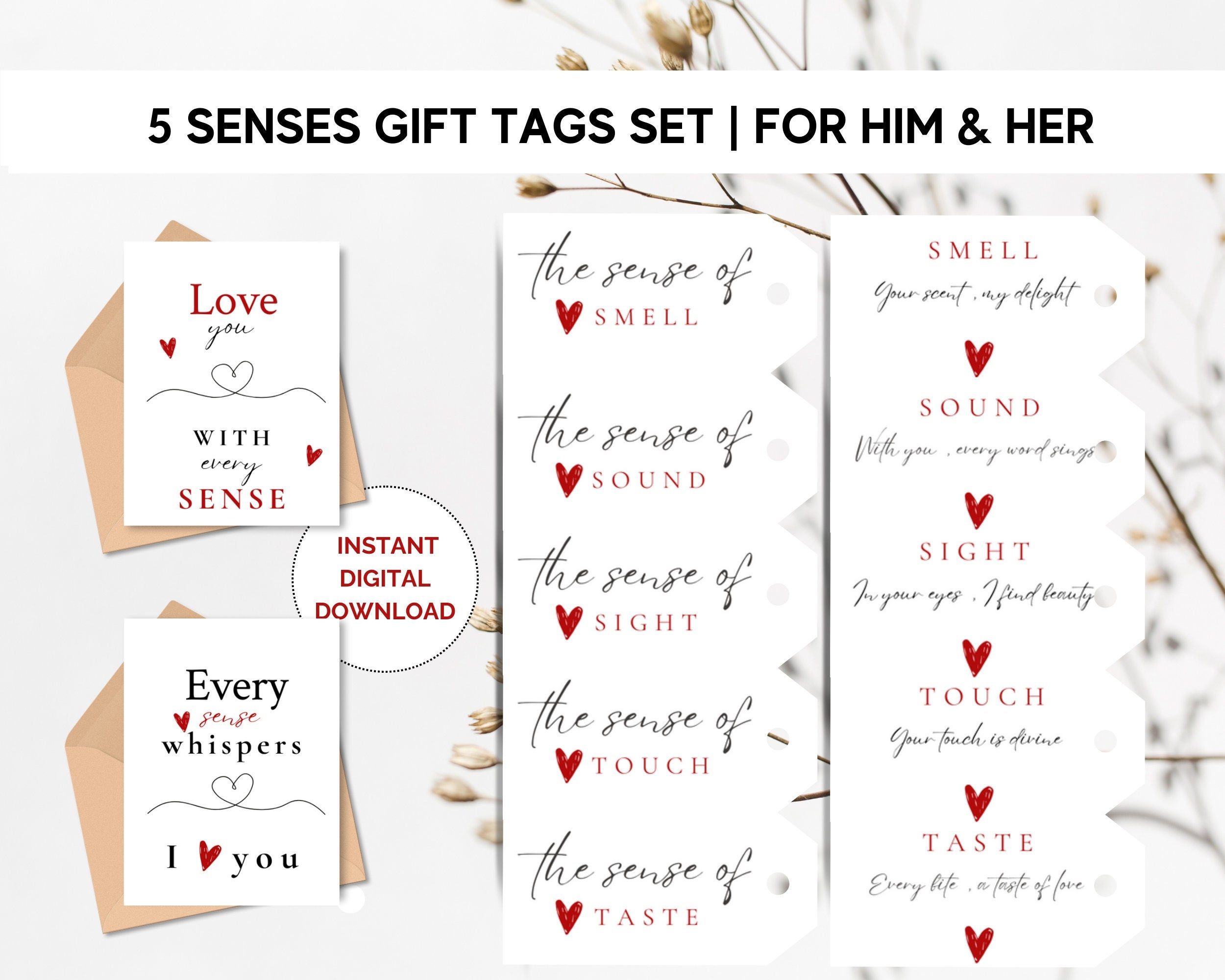 5 Senses Gift Tags Set for Him and Her Digital Download & Printable 